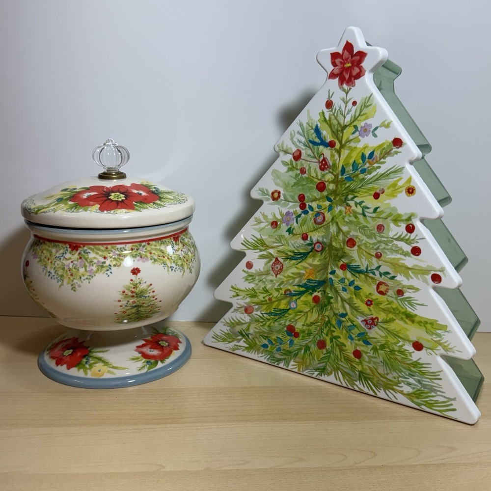 Pioneer Woman Holiday Cheer Covered Candy Dish & Christmas Tree StorageContainer