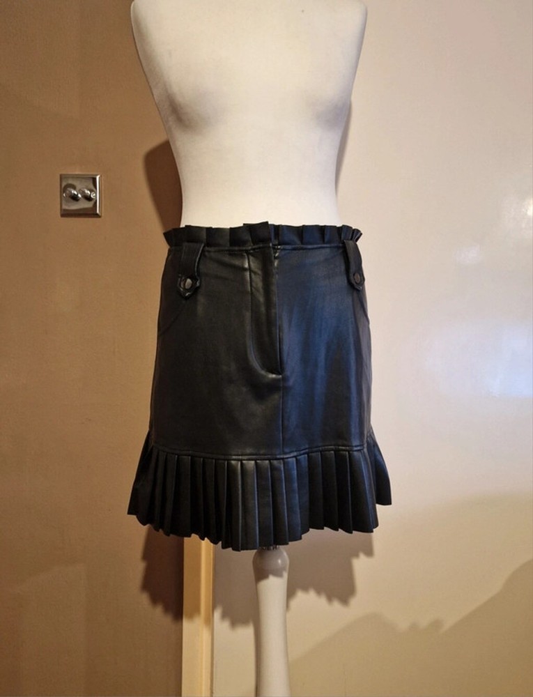 Zara black faux leather pleated ruffle paper bag high waist skirt - M