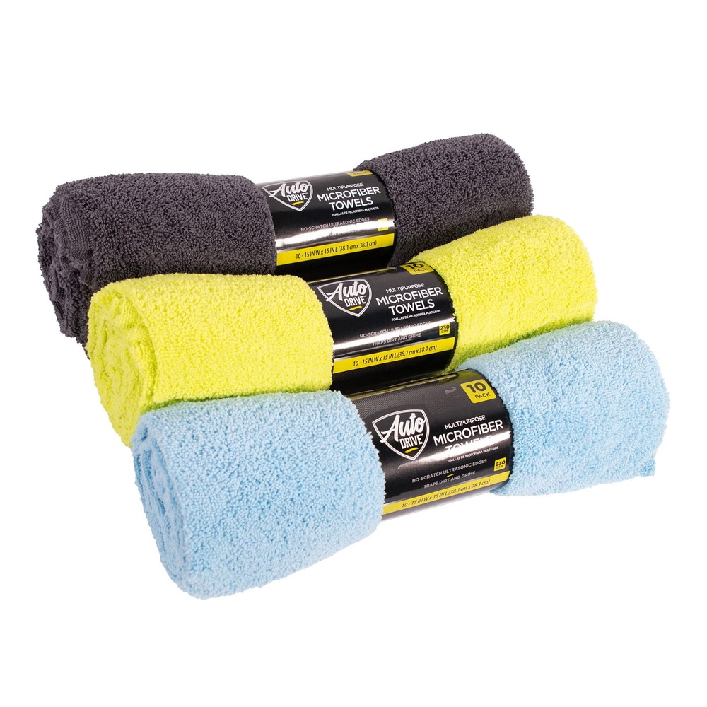 Auto Drive Car Wash Microfiber Towels 10-Pack 15x15 Inch Yellow