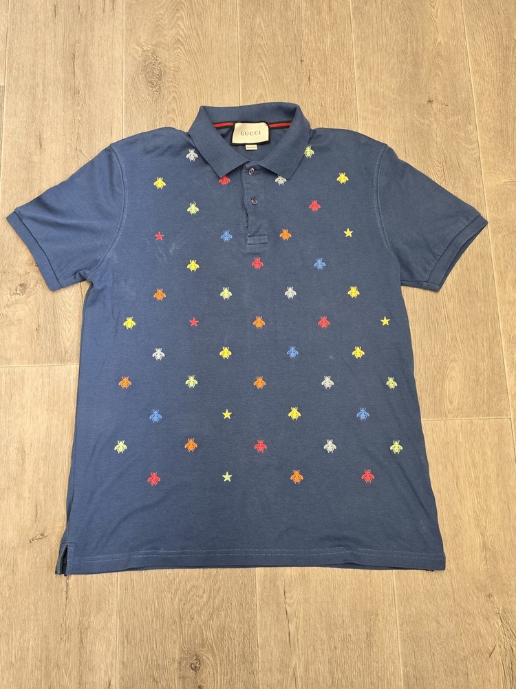Gucci Men's Embroidered Bee Polo Shirt Blue Multi Colour Size XL