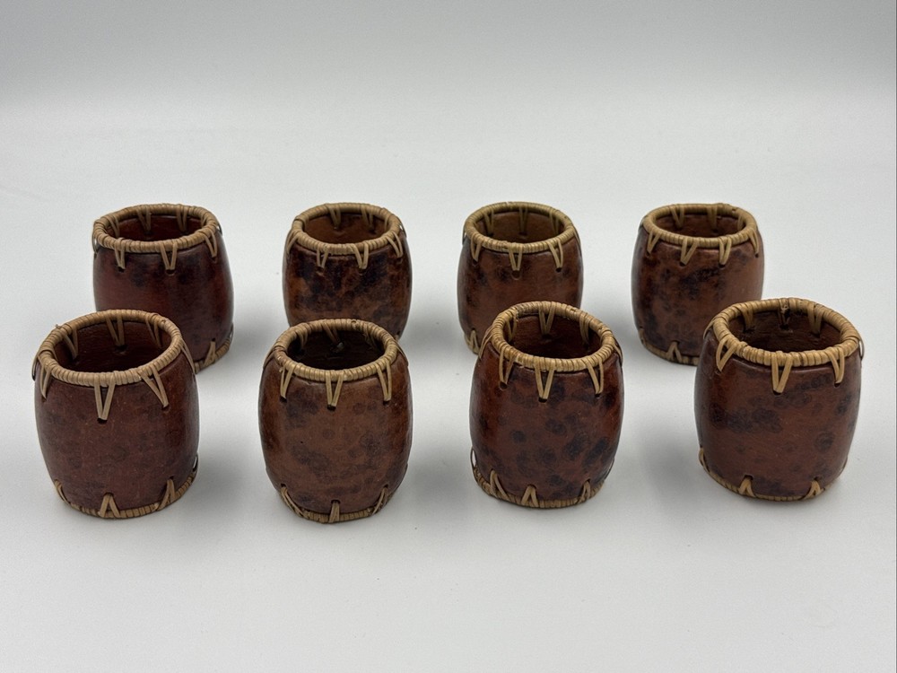 Vintage Set of 8 Pier 1 Handmade Pottery Barrel Raffia Tamarind Napkin Rings