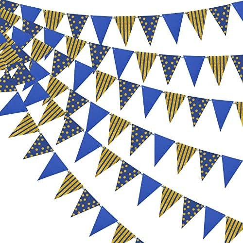 Blue Gold Glitter Triangle Pennant Banner 33FT Party Event Decoration