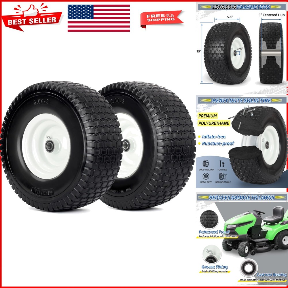 Durable 15x6-6 Flat-Free Lawn Mower Tire & Wheel Set with 3/4 Bearing 2-Pack  