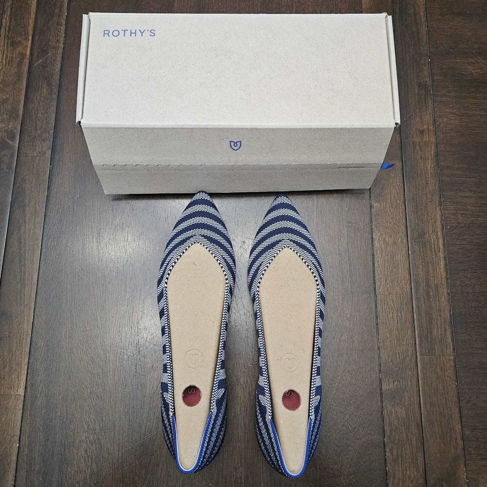 Rothy’s The Point Riviera Stripe Ballet Flat Size 9 Navy White NEW Sustainable
