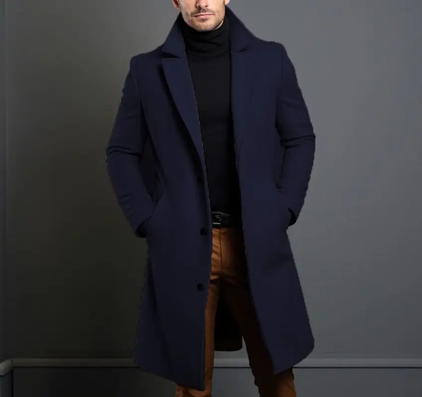 New Men's Coat Woolen Overcoat Windbreaker Navy Blue/Black Trench Autumn and Win
