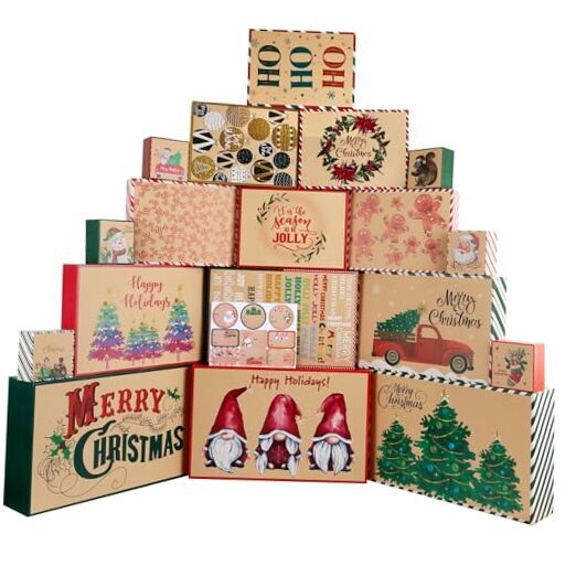 18 Kraft Christmas Boxes with Lids for Gifts(4 Sizes and 18 Designs), Xmas