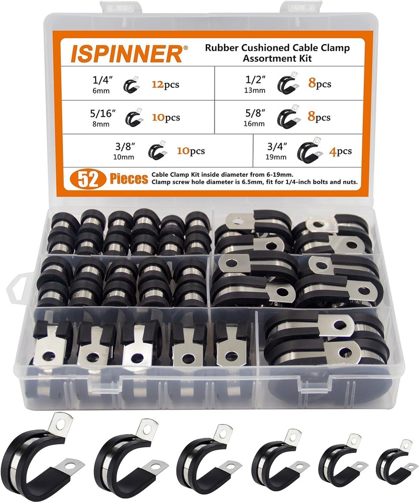 52pcs ISPINNER 304 Stainless Steel Black Cable Clamps Assortment Kit