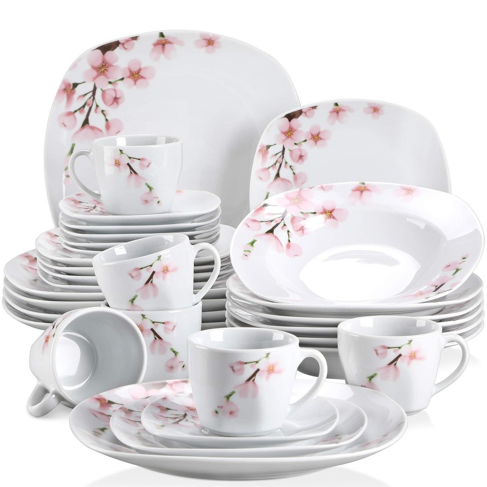 30pc Porcelain Dinnerware Set for 6 Pink Floral Plates Bowls Cups Saucers White