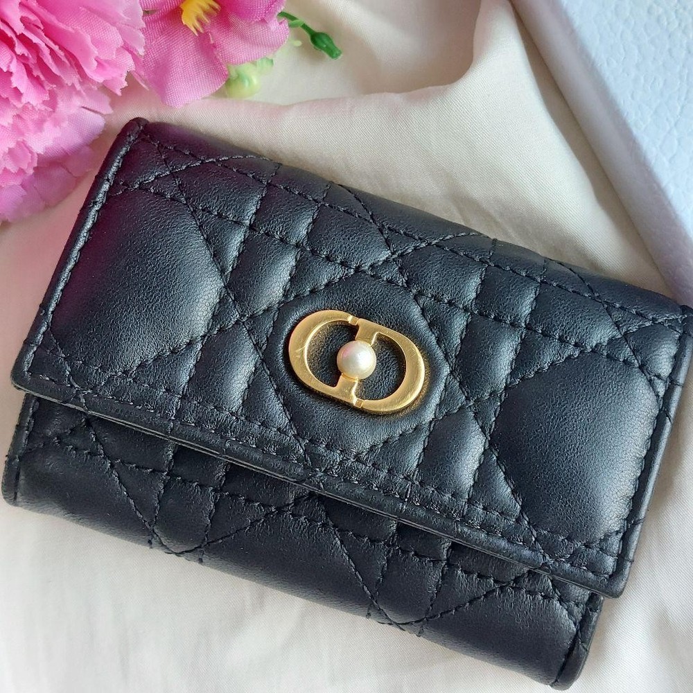 Dior Black Leather Wallet Coin Purse with Pearl Accents New