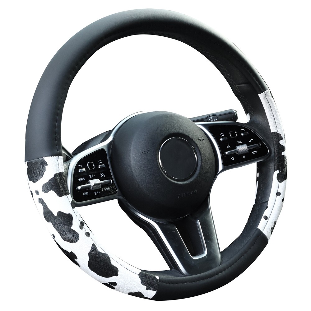 Car Steering Wheel Cover Black Leather Cow Print Anti-slip Accessories Universal