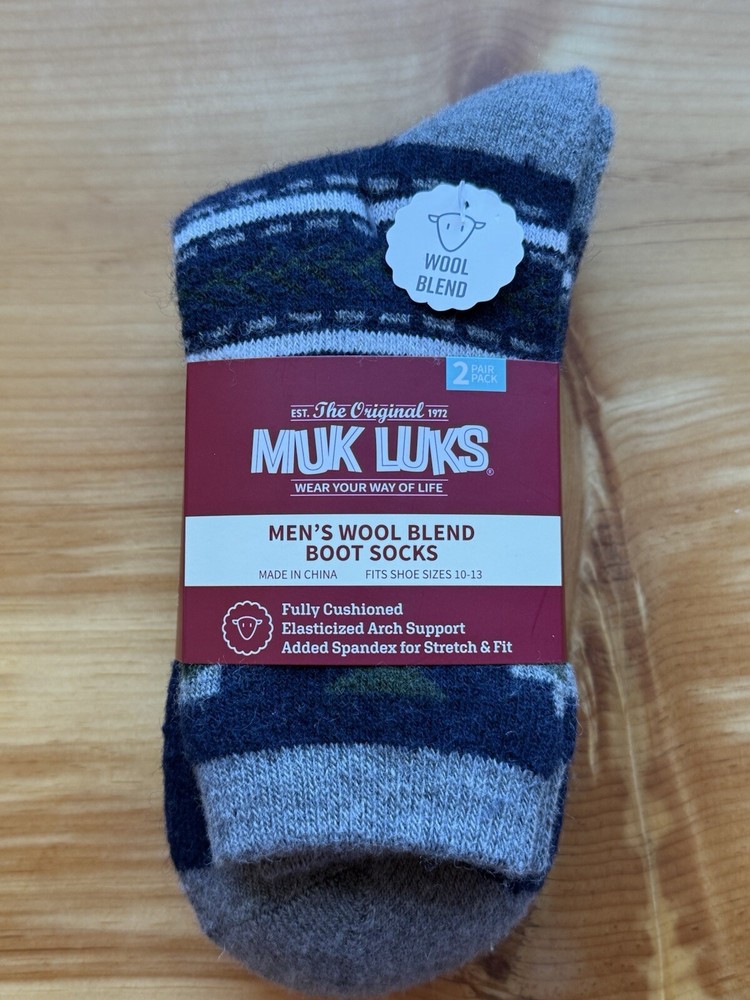 Muk Luks Wool Blend Boot Socks for Men 10-13 Grey Navy 2-Pack