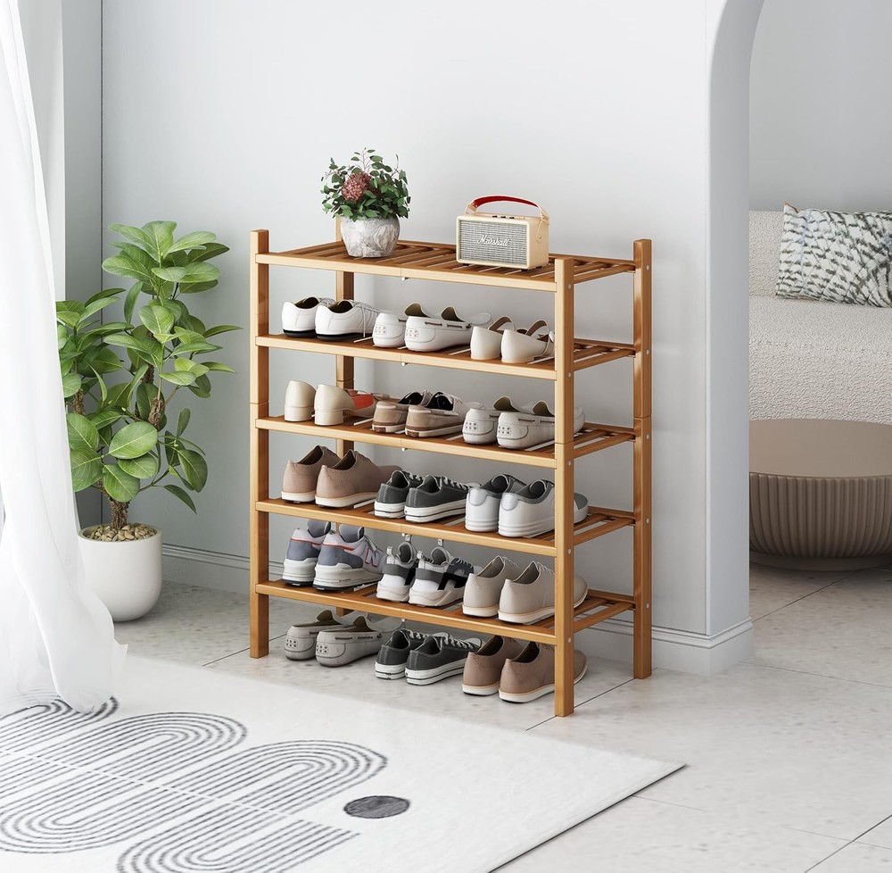 5-Tier Stackable Bamboo Shoe Rack Free Standing Natural Sturdy Functional