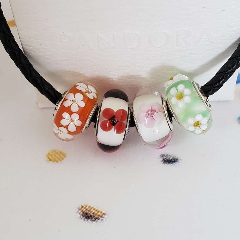 Set of 4 Pandora Authentic Murano Glass Flower Charms