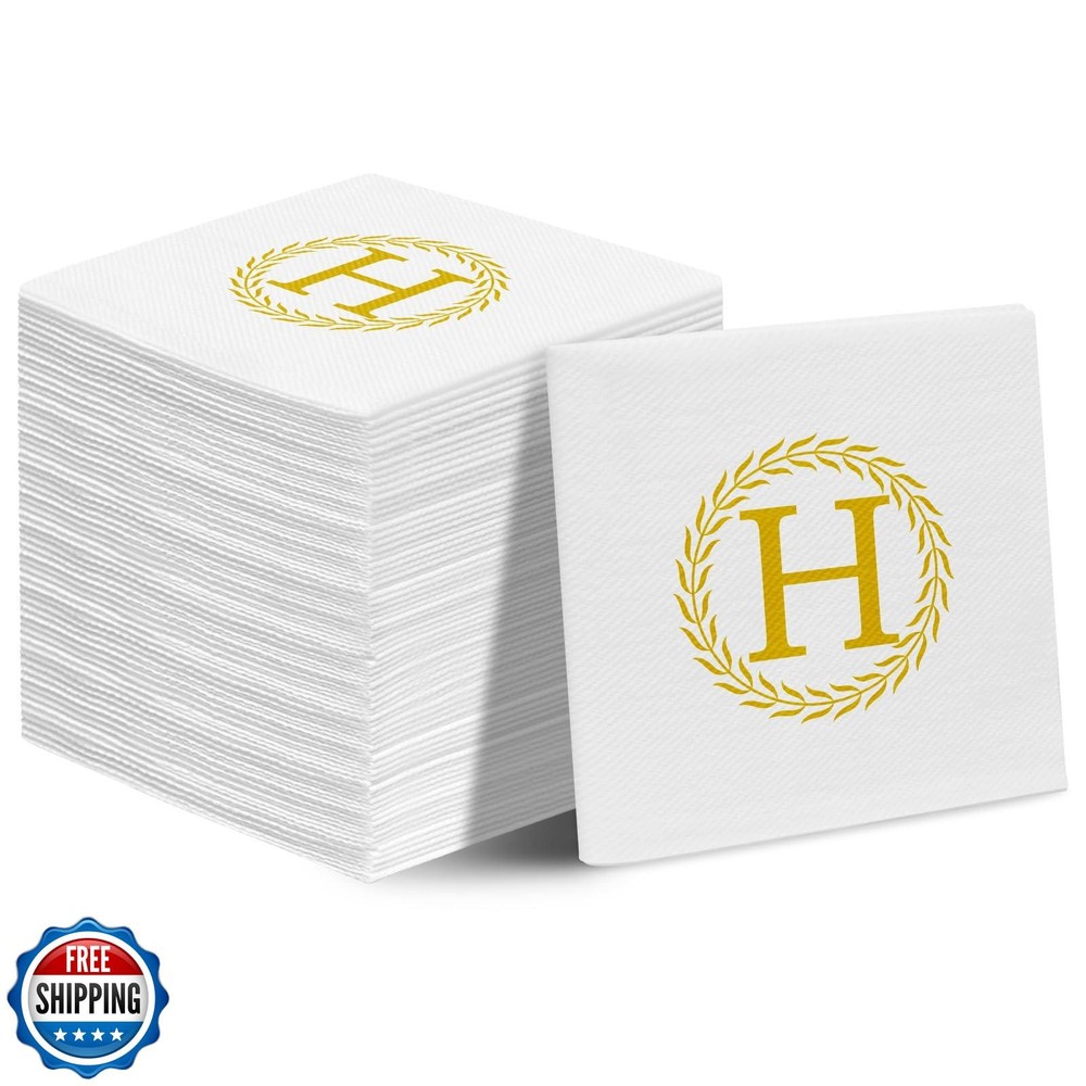 100 Gold Monogram H White Disposable Cocktail Beverage Napkins
