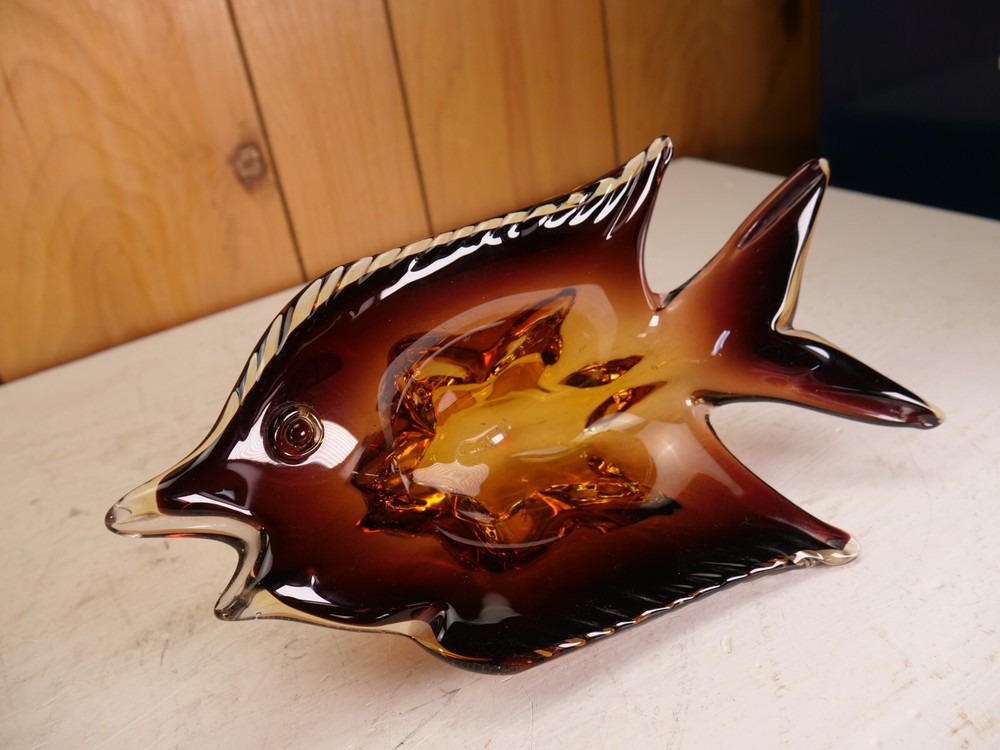 Murano/Murano Style Amber And Red Hand Blown Glass Fish Candy Bowl