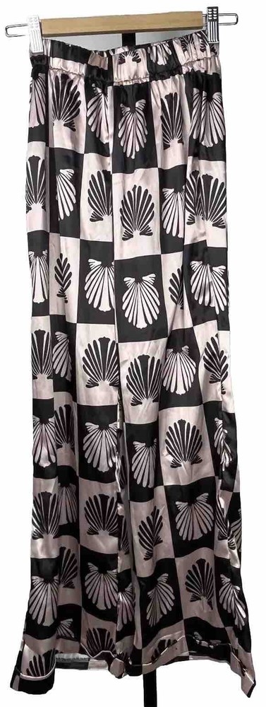 Pajama Pants Small Pink Black Shell PJ Sleepwear Hi Waist Wide Leg Cuff Seashell