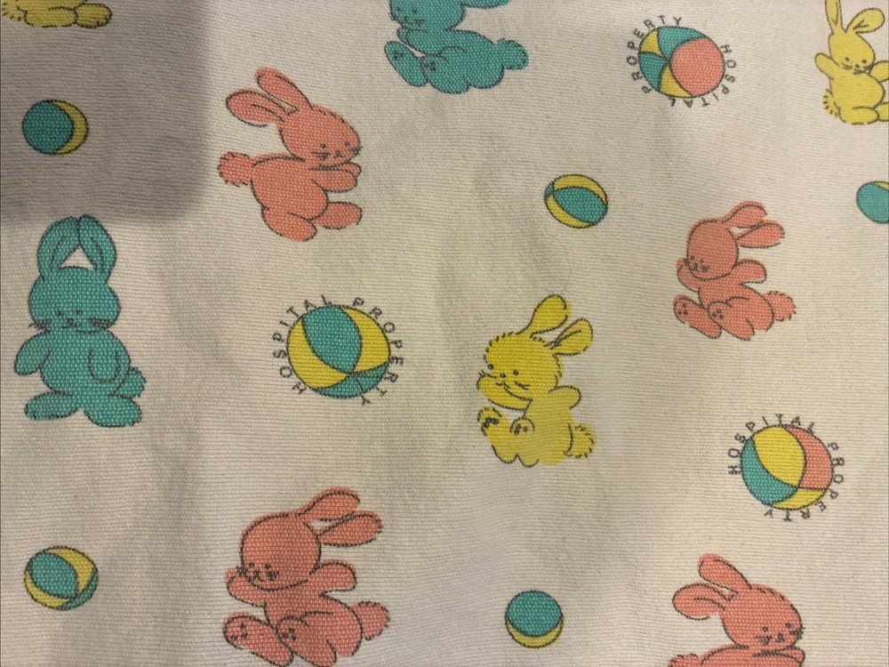 Vintage Baby Blanket Hospital Property Bunny Ball Receiving Swaddle Lovey GREAT!