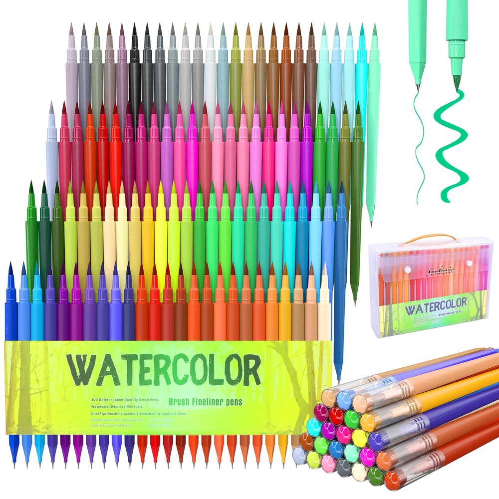 FUN LAVIE 100 Colors Watercolor Paint Pens Set Dual Tip Brush Art Drawing Mar...
