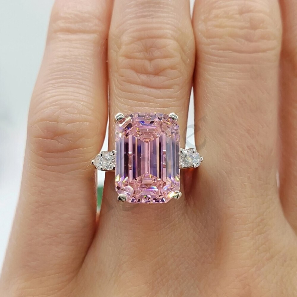 RARE 5.60 Ct Emerald Cut Pink Treated Diamond Solitaire Ring in 925 Silver