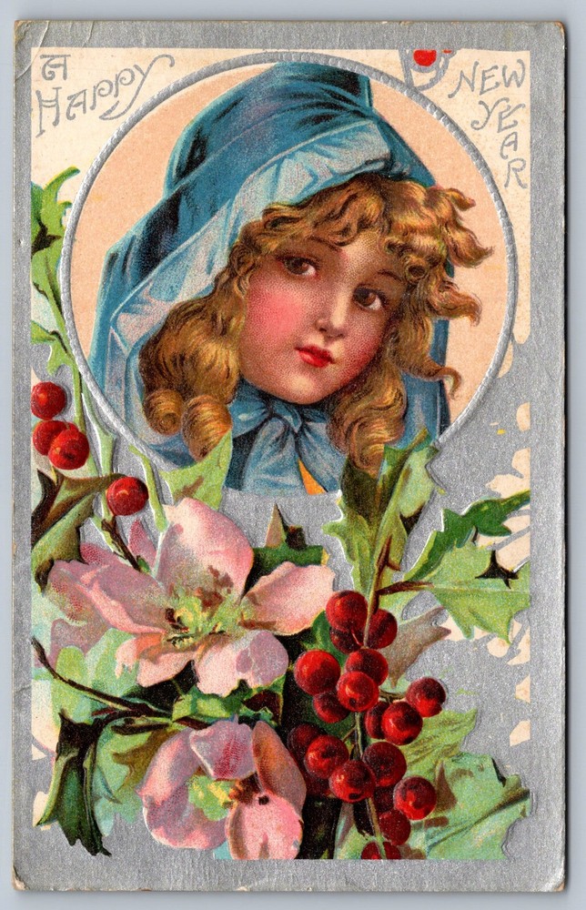 1910 POSTCARD HAPPY NEW YEAR big brown eyed girl BRUNDAGE?-image