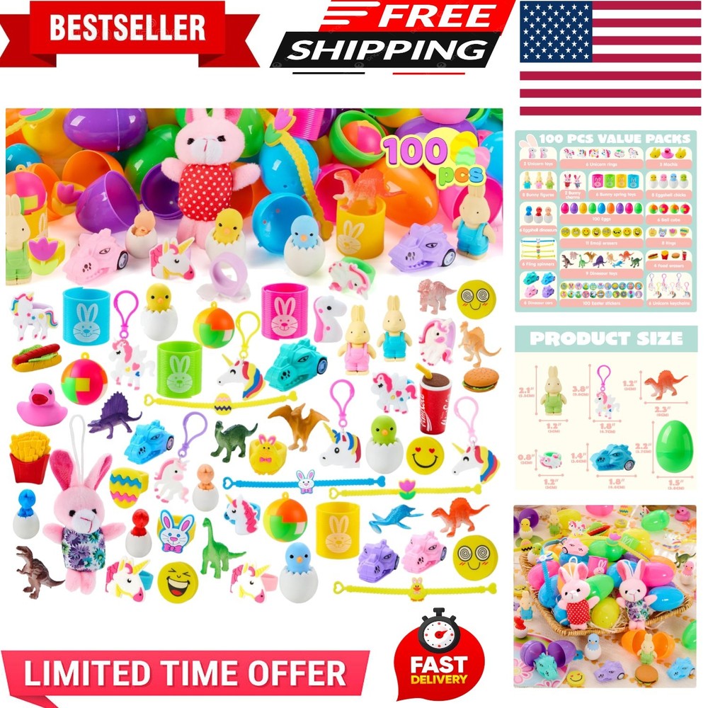 100 Pcs Prefilled Easter Eggs with Toys Plus Stickers, Filled with Toys Party...
