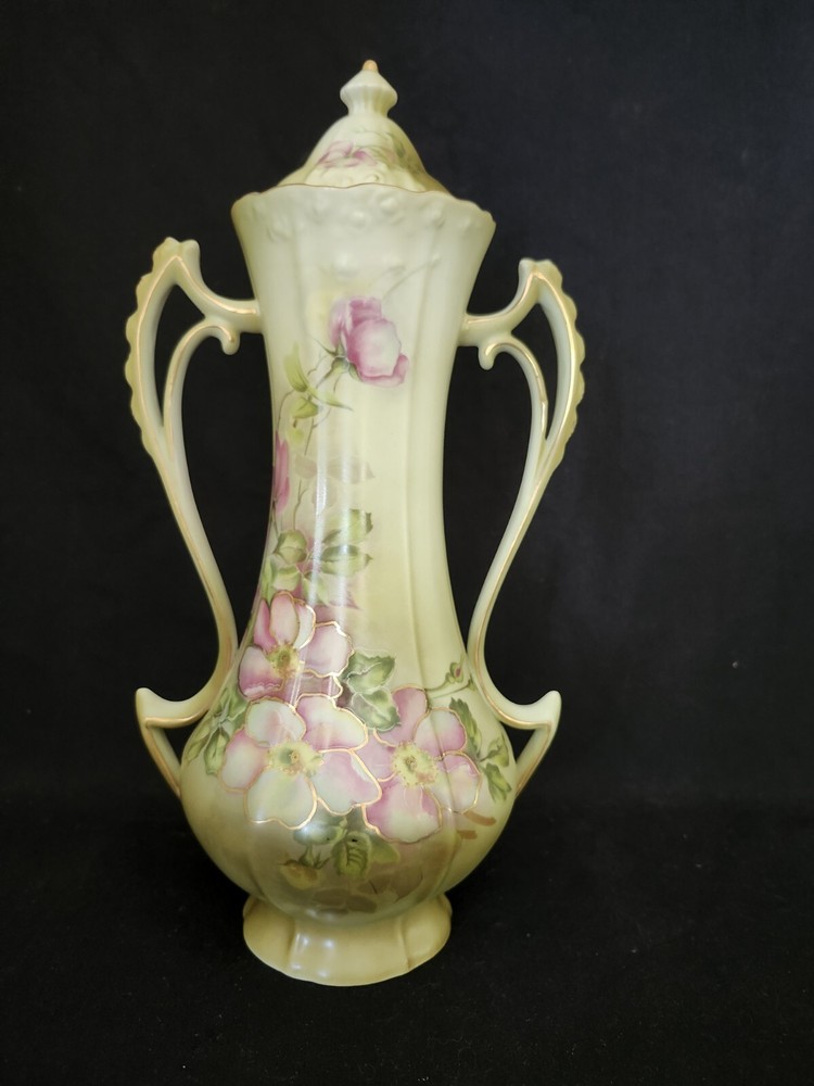 Nippon Urn Vase w/Lid 2 Handle Hand Painted Green w/Pink Flower Rose Gold Guild