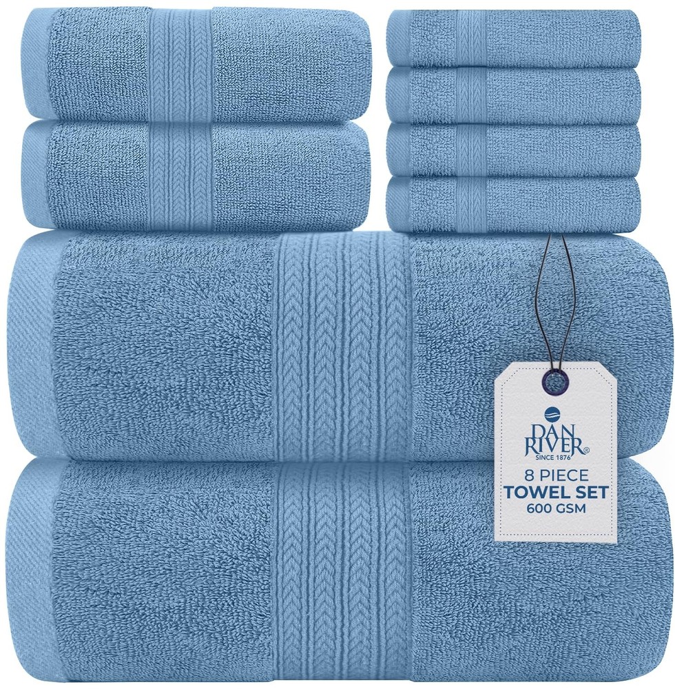 100% Ring Spun Cotton 8-Piece Towel Set, Medium Blue, 2 Bath Towels, 2 Hand T...