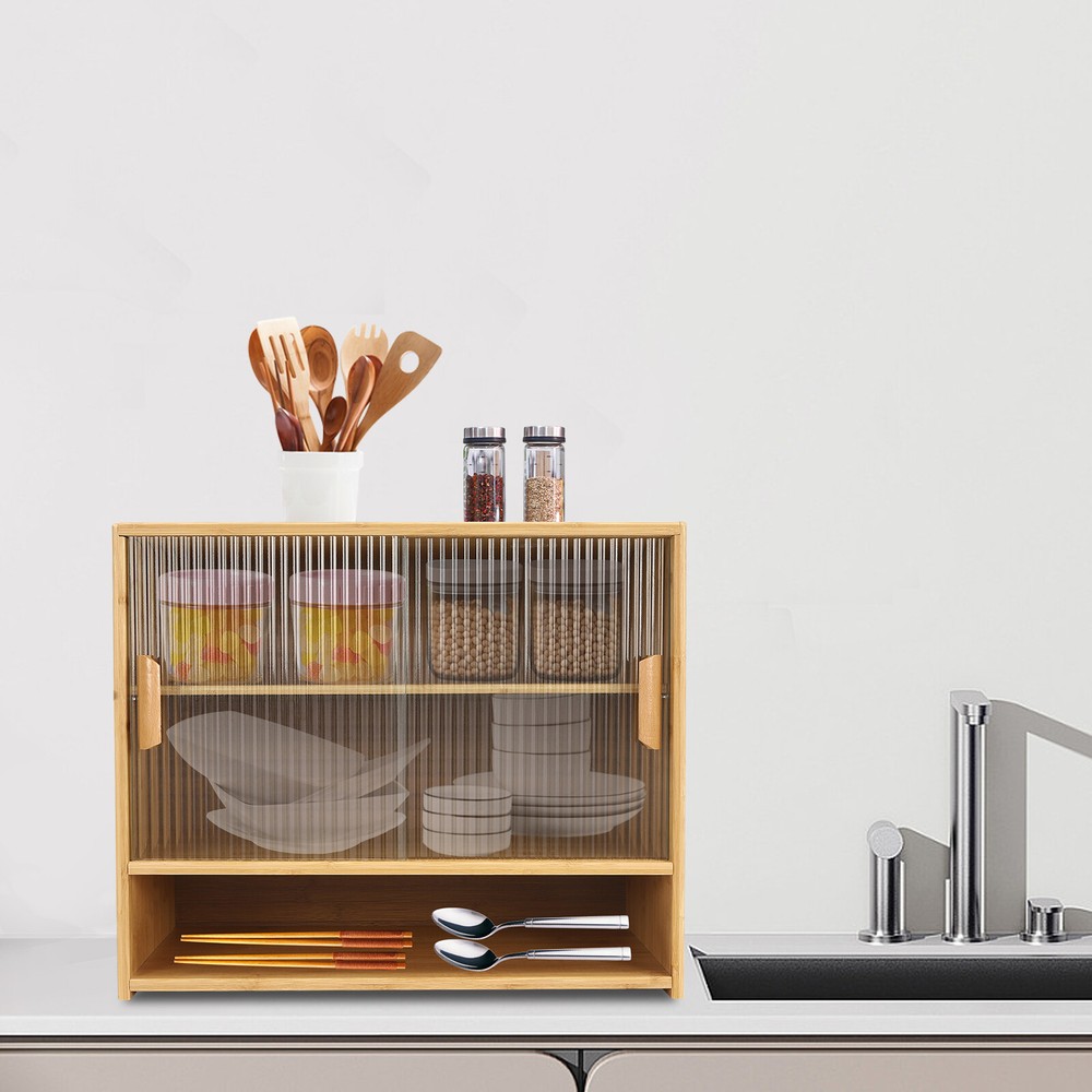Small Bamboo Kitchen Pantry Cabinet with Countertop Storage Freestanding Sideboard