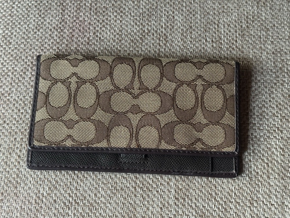 Coach Brown Khaki Signature Canvas Checkbook Wallet Cover  