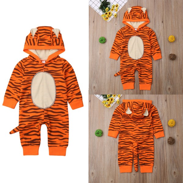 Newborn Baby Boy Girl Kids Clothes Tiger Hooded Romper Jumpsuit Bodysuit Outfits