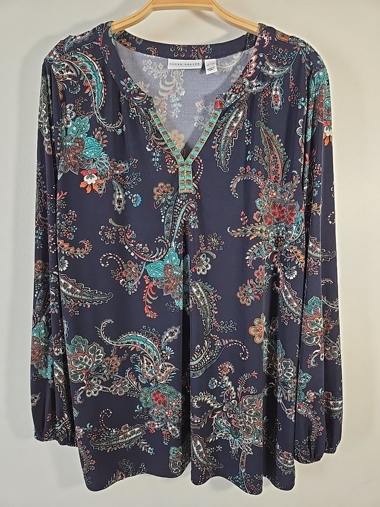 Susan Graver Liquid Knit Navy Floral Blouse Size XL V Neck Long Sleeve