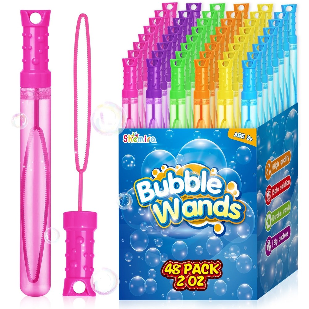 Shemira 48-Pack Colorful Bubble Wands in 6 Assorted Colors - Bulk Party Favors for Kids