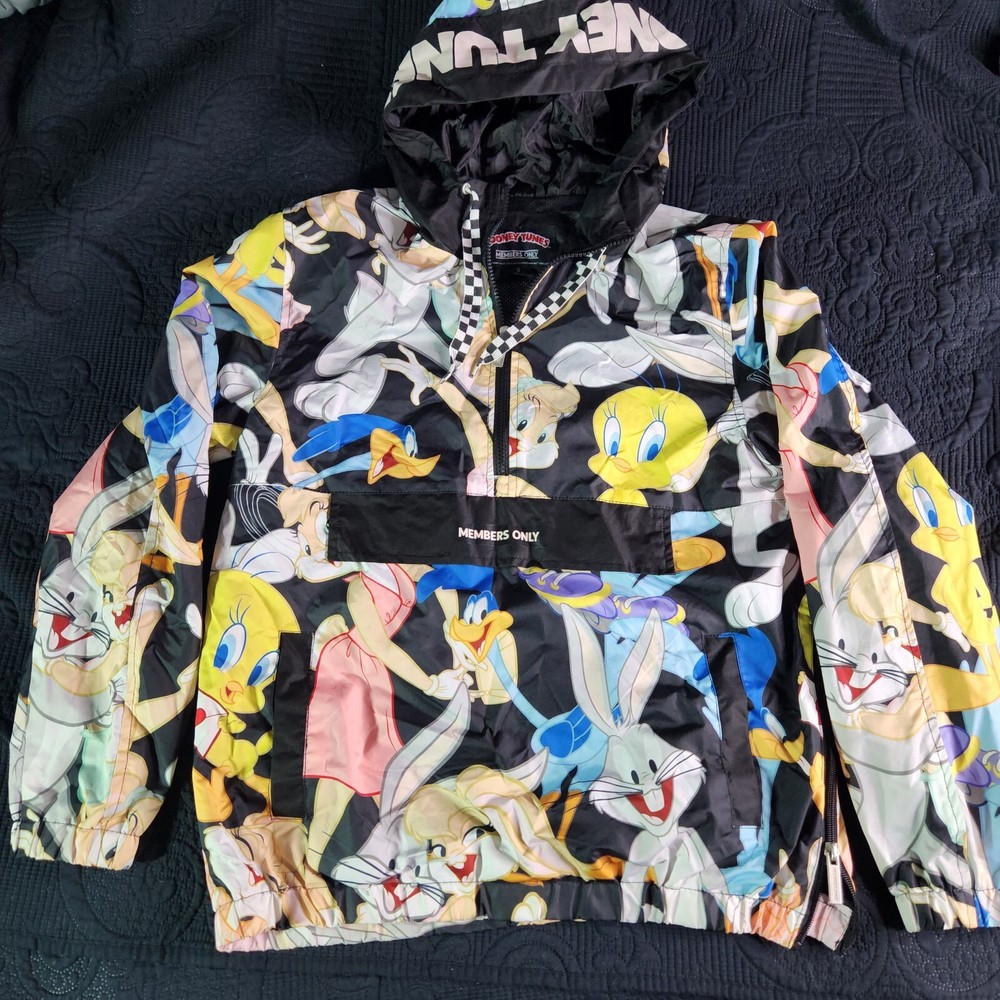 MEMBERS ONLY Looney Tunes Men’s Windbreaker Hooded Jacket Size Small Vintage Cartoon Style Lightweight Outerwear  -image