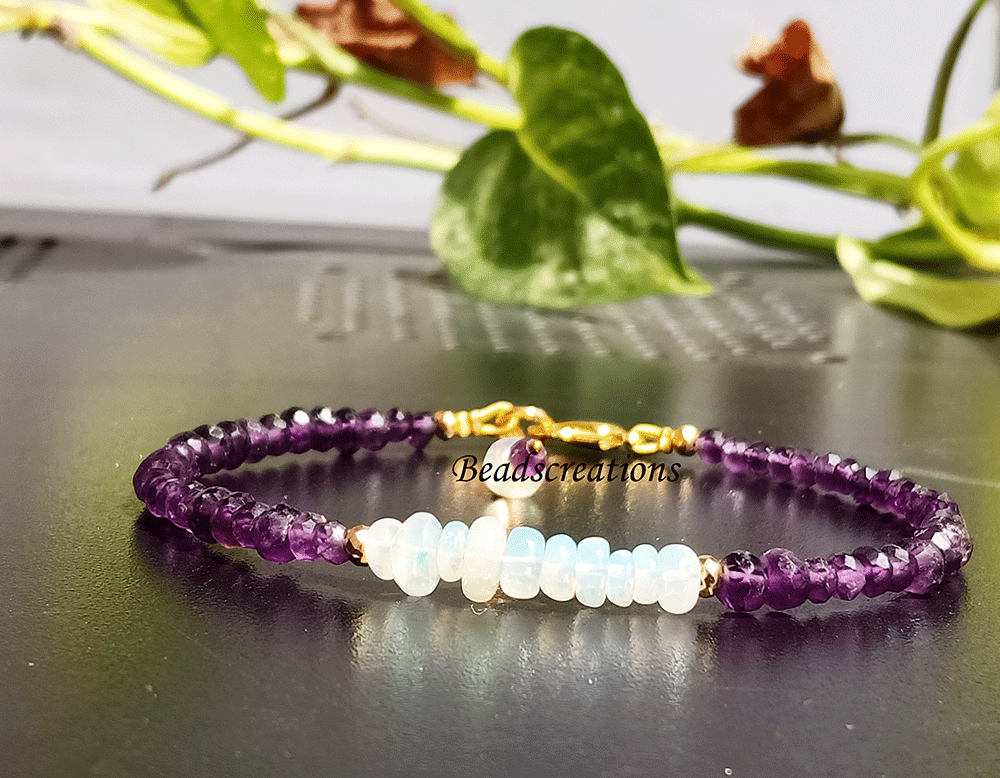 925 Silver Natural Ethiopian Opal And Amethyst Beads Bracelet For Christmas Sale-image