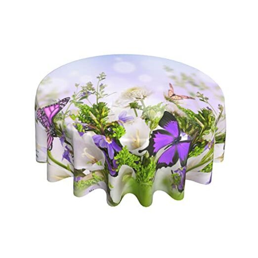 Spring Floral Tablecloth Round 60 Inch Butterfly Tablecloths Waterproof Purple