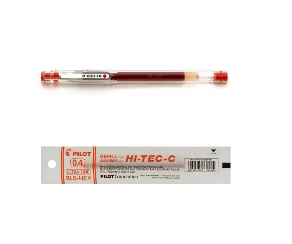 Pilot Hi-Tec-C Gel Pen 1 Red 0.4 mm pen come With 1 extra .4 Red refill New!