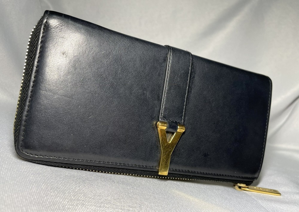 Auth SAINT LAURENT PARIS long wallet Y-line L-shaped zip Black Leather