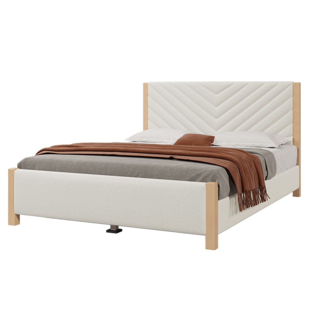 Modern Century Queen Upholstered Bed Frame Tufted Headboard Solid Wood Legs