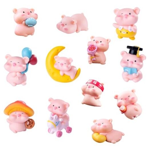 Pink Pig Figurine Toy Set for Cake Topper Fairy Garden Decor