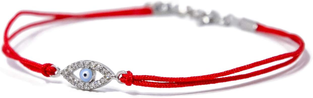 Delicate Sterling Silver Evil Eye Bracelet, Red String with Cubic Zirconia 925 S