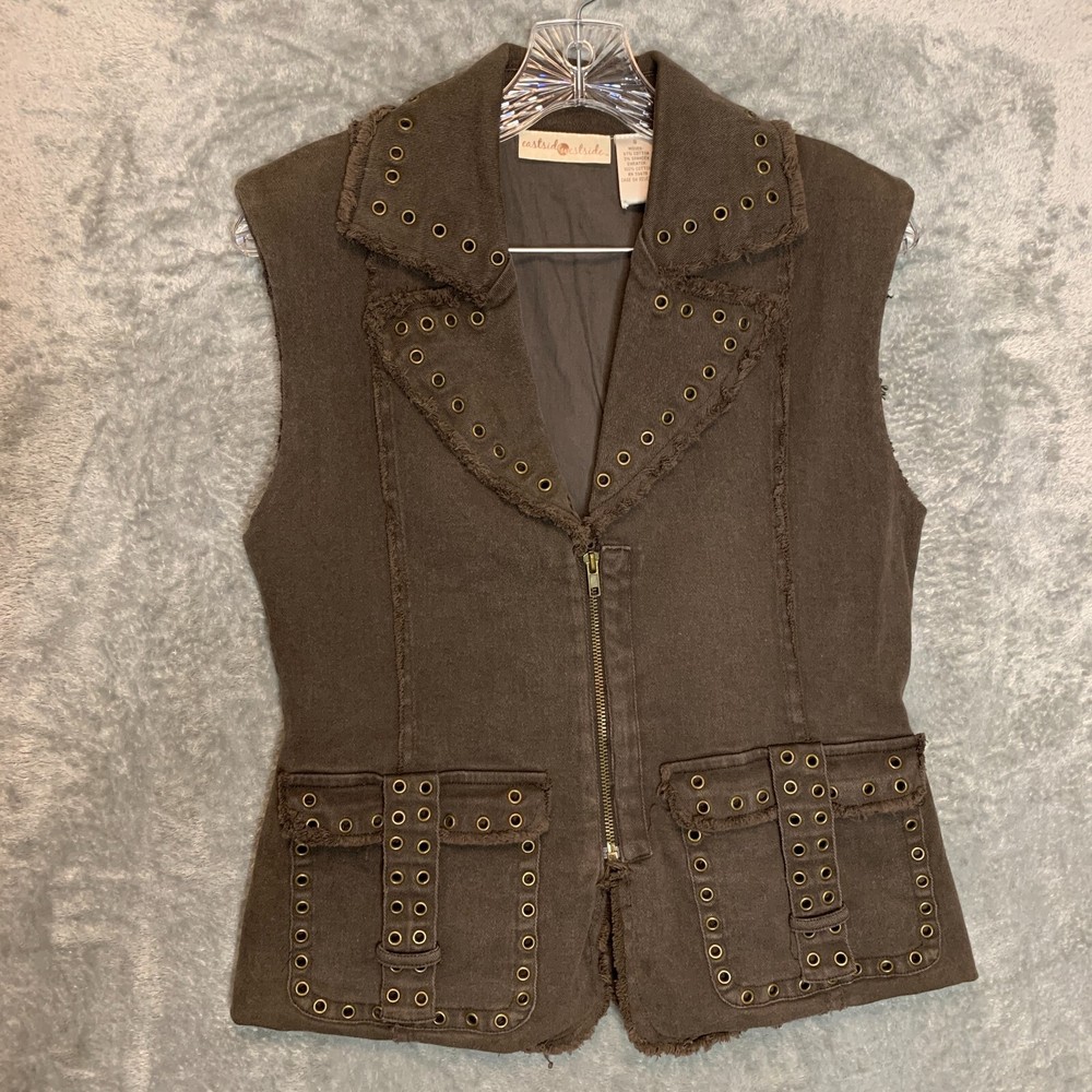 Women 90s Y2K Streetwear Hip Hop Raw Hem Ring Studded Zip Up Brown Denim Vest S