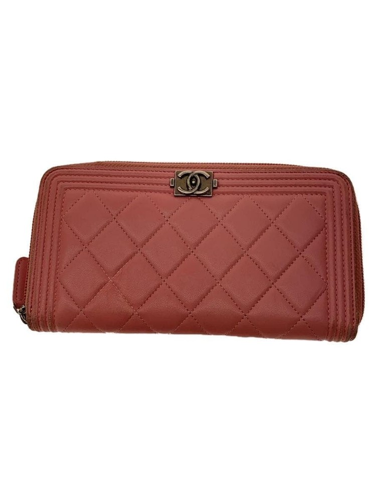 CHANEL Boy Matelassé CC Pink Leather Zip Around Long Wallet Pre-Owned