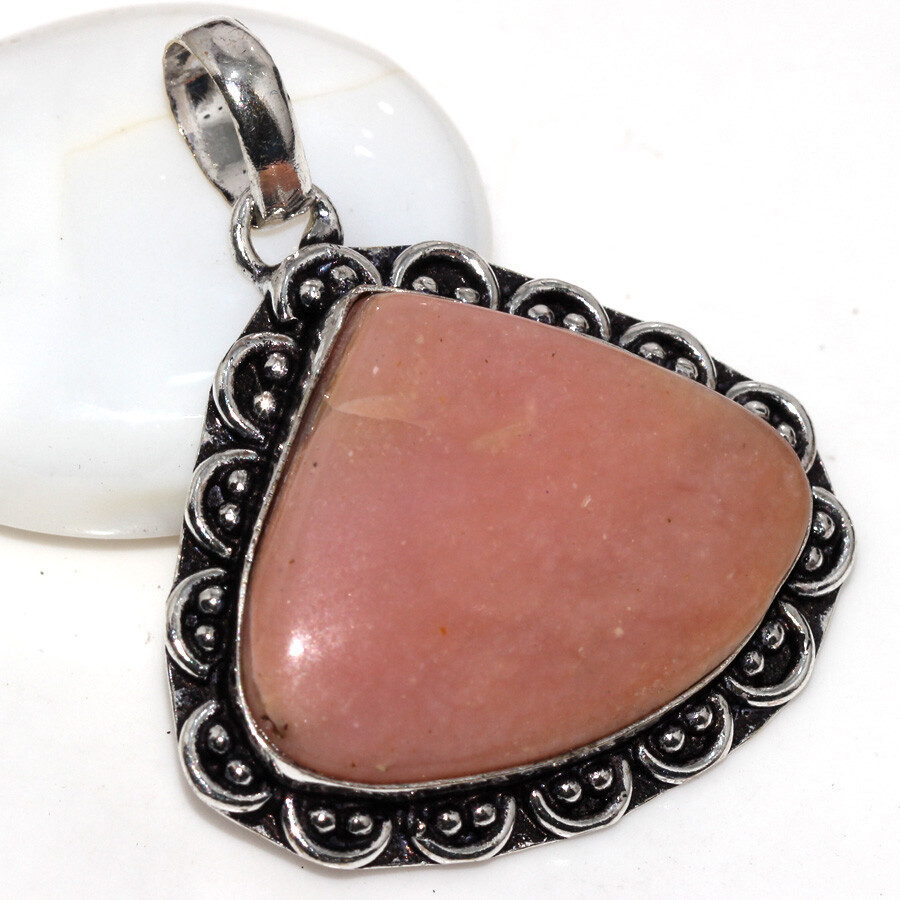 925 Silver Plated Peruvian Pink Opal Ethnic Pendant Jewelry Size 1.5