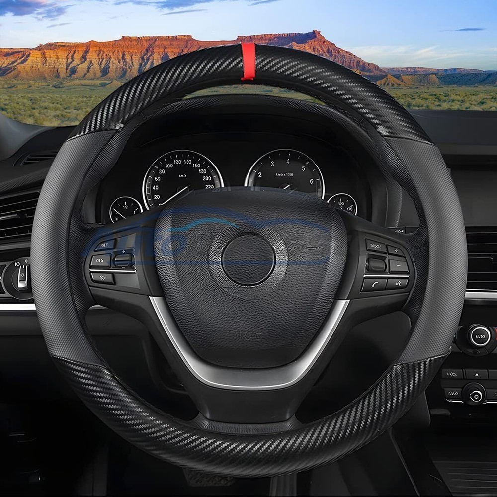 Carbon Fiber Black Leather Car Steering Wheel Cover Anti-slip For 15