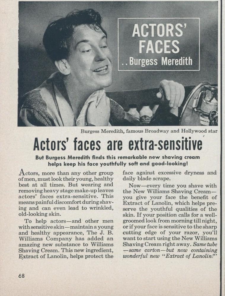 1950 Williams Shaving Cream Burgess Meredith Sensitive Face Vintage Print Ad L12