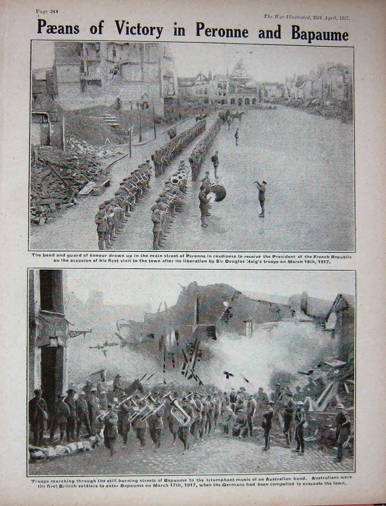 Original Old Vintage Print 1917 Ww1 Peronne Bapaume Siers Troops Music Band