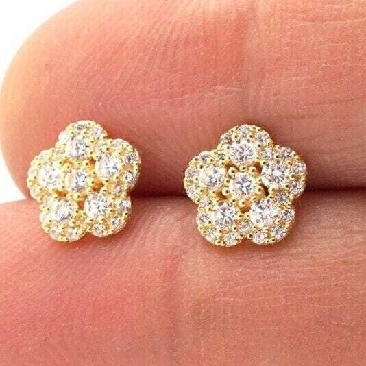 Pretty Round Diamond Simulated Flower Stud Earrings in 14k Yellow Gold Plating