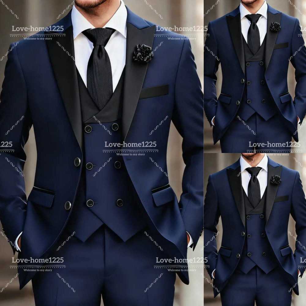Navy Blue Men's Suit  Formal Wedding Business Outfits Offical 3Pcs Tuxedo Jacket