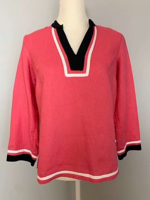 Talbots Petites Women Blouse Top Size P Pink Black White V Neck Linen 3/4 Sleeve