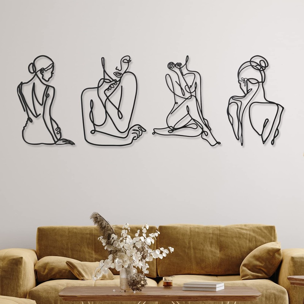 4 Pieces Metal Wall Art Decor Black Metal Wall Art Single Line Art Drawing Mi...